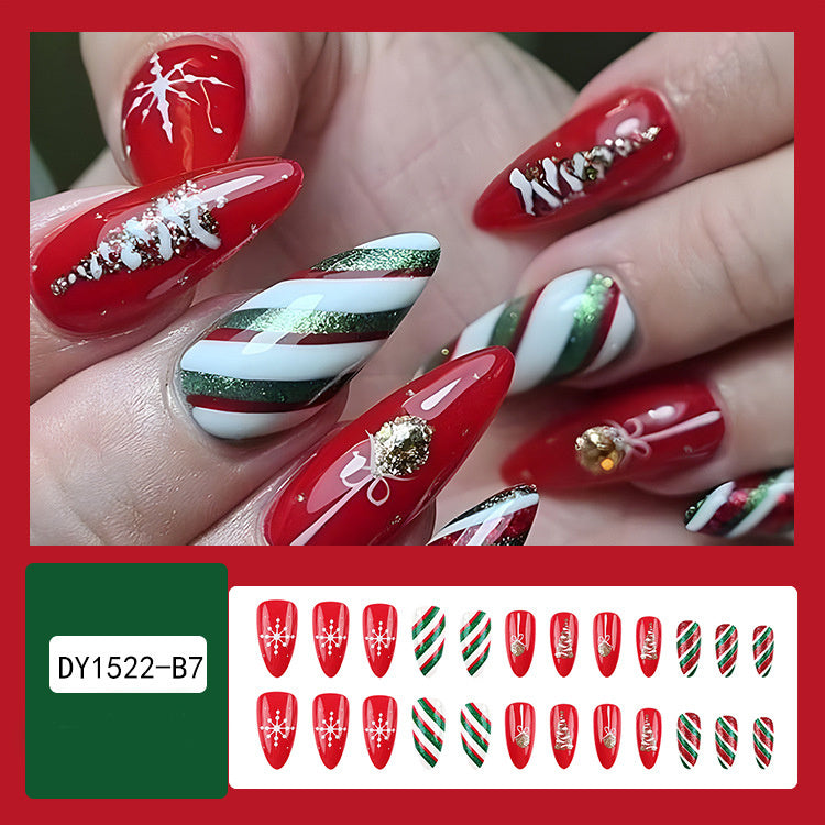 24pcs Christmas False Nails Hat Striped Snowflake Nail Art Stickers For Parties