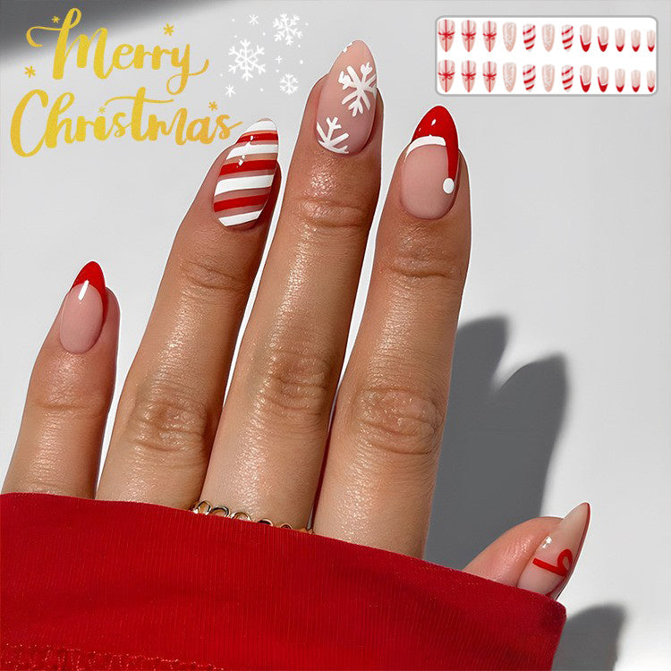 24pcs Christmas False Nails Hat Striped Snowflake Nail Art Stickers For Parties