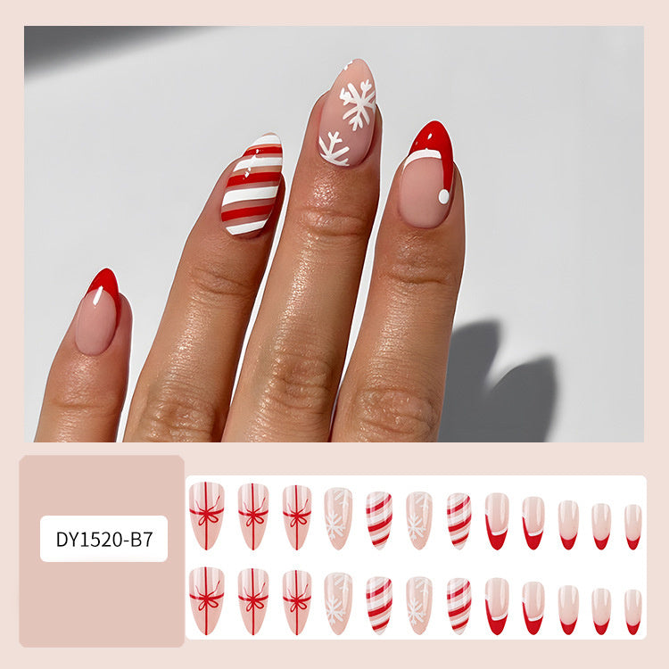 24pcs Christmas False Nails Hat Striped Snowflake Nail Art Stickers For Parties